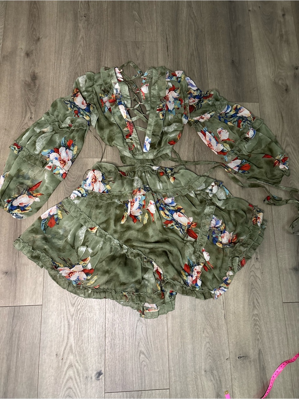 Olive Green Floral Ruffle Two-Piece Set - Picture 7 of 9